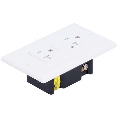 Rock Solid 20 Amp Smart Gfci Outlet With Child Door Shutters And Etl Listing For Knockout Shock Safety In Kitchens Bathrooms And Patios.Zero Sweat Wiring Slick White Abs Terminal Cover angled view showing black terminal and white housing.