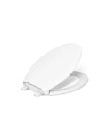 Top Shelf Elongated Toilet Seat With Silent Shut Lids And Seats in pristine white, showcasing silent close feature and mounting hardware.