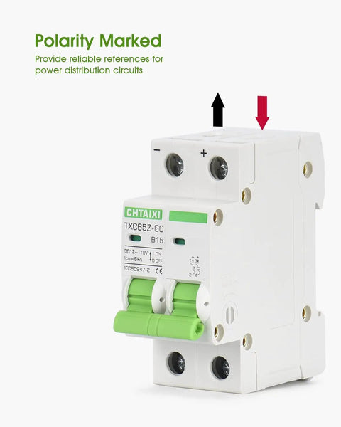 12V-110V DC Miniature Circuit Breaker, 15 Amp 2-Pole Battery Protector For Solar PV Systems And RVs, Thermal Magnetic Trip, DIN Rail Mount DC Disconnect Switch, Beefy Short-Circuit Protection With Quick Trip, front view