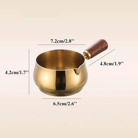 Stainless Steel Espresso Measuring Cup 6 Oz 180 Ml With Wooden Handle And V Shaped Spout displayed with dimensions and gold finish.