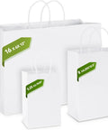 White Kraft Paper Gift Bags Bulk 300 Pack With Handles 16x6x12 Reusable Eco Friendly Recyclable For Biz Grocery Birthday Wedding Kids Party Favors Today, three sizes shown with measurements