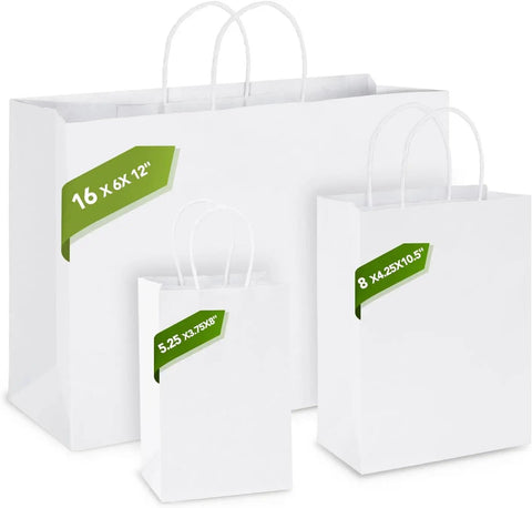 White Kraft Paper Gift Bags Bulk 300 Pack With Handles 16x6x12 Reusable Eco Friendly Recyclable For Biz Grocery Birthday Wedding Kids Party Favors Today, three sizes shown with measurements