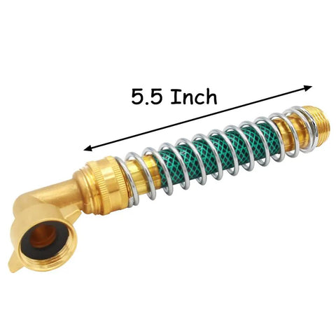 Brass 3/4 Inch GHT 90 Degree Elbow Garden Hose Connector Kit With Male And Female Adapters, Rust-Resistant, Leak-Proof, No Fuss, Includes 5.5 Inch Coil Spring Connector, Rubber Washer, Stainless Steel Spiral Ring For Quick, Easy Watering. 5.5-inch brass elbow connector with coil spring