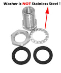 Stainless Steel One Quarter Inch NPT Female Bulkhead Coupler set with washers, hex nut, in corrosion resistant 304 grade for plumbing