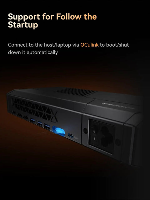 Next Level External GPU Docking Station With AMD Radeon 7600M XT Graphics And Eight GB Memory showing Oculink connection and power switch.