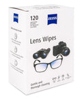 Zeiss Lens Wipes 120-pack box, front view; white packaging with blue Zeiss logo and glasses and camera