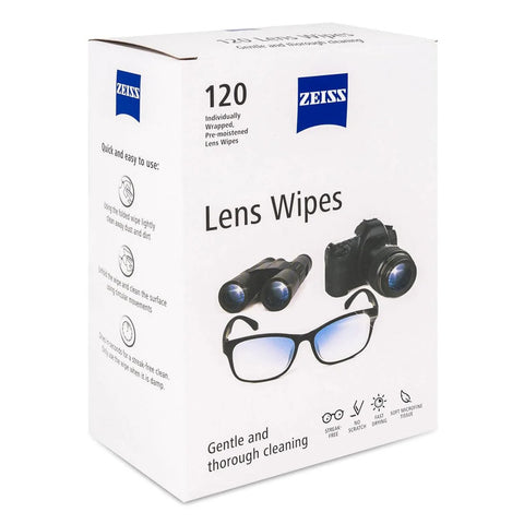 Zeiss Lens Wipes 120-pack box, front view; white packaging with blue Zeiss logo and glasses and camera