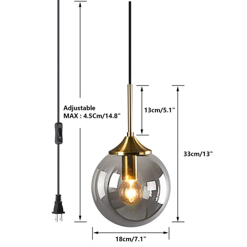 Mid Century Modern Brushed Gold Pendant Light With Plug In Cord, Smoke Gray Glass Globe, 7 Inch, Hanging Lamp For Kitchen
