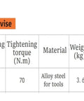 Self centering vise specifications table with model, clamping force, torque, weight, clamping range, and accuracy for CNC use.