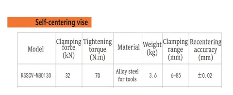 Self centering vise specifications table with model, clamping force, torque, weight, clamping range, and accuracy for CNC use.
