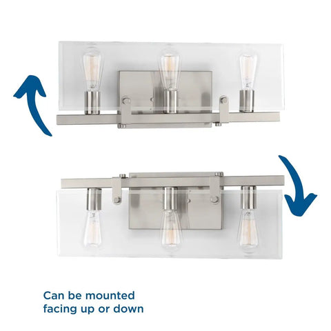 Glayse Collection 3-Light Clear Glass Luxe Bath Vanity Light in Brushed Nickel, sleek modern fixture, up and down mounting options.