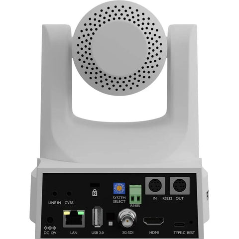 Close-up of Dual White PtZ Camera Bundle With 20x Optical Zoom Native SDI HDMI USB and NDI HX Streaming rear connections.