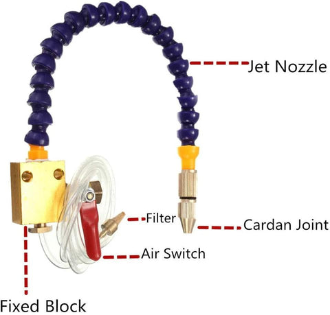 Mist coolant lubrication system unit by Amazon with blue flexible hose and jet nozzle for CNC lathe/milling/drill machines.