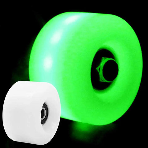 Glowing green and white Lit Up Quad Roller Skate Wheels with ABEC Nine Bearings 32mm by 58mm Durable Durathane material