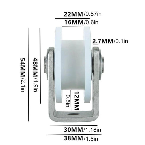 Front view of Heavy Duty Nylon Sliding Track Wheel Roller With 304 Stainless Steel Bearing showing dimensions and components.
