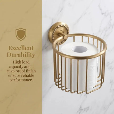 Antique Brass Toilet Paper Holder With Hollow Out Wall Mount For Bathroom Space Saver Built To Last With Mounting Kit Included Easy Install Metal Tissue Roll Basket
