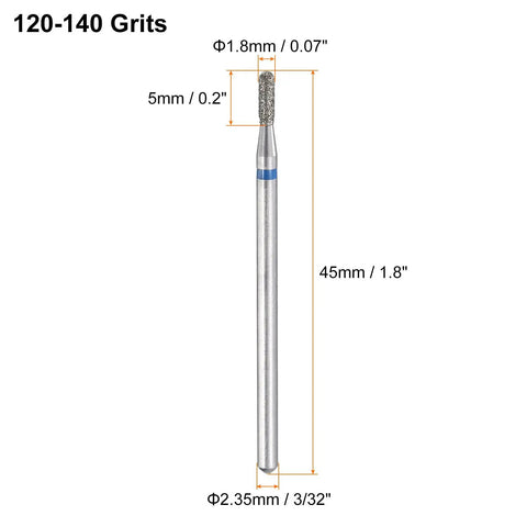 120-140 Grits Diamond Grinding Bit With 1.8mm Cylindrical Ball Head and 2.35mm Shank, 5mm Head, 45mm Total Length