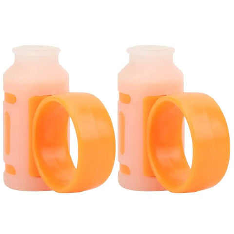 Pro Drumstick Holder Grip Clamp Anti-Slip Rotating Aid For Musicians To Stop Blisters Calluses And Cramps During Jam Sessions with orange silicone grips.