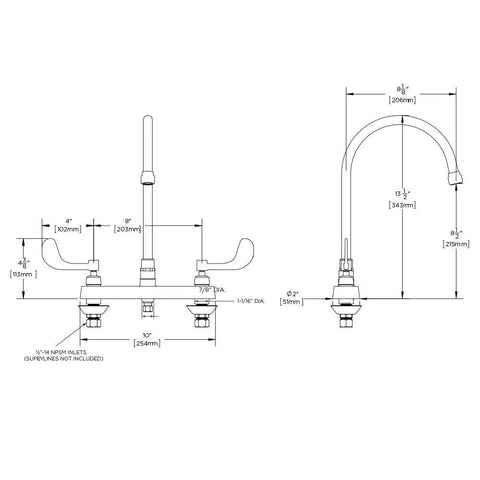 Technical drawing of Commander Gooseneck Centerset Lavatory Faucet With 8-Inch Deck Plate Polished Chrome Easy-Install Widespread