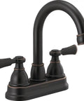 Centerset Two Handle Bath Faucet In Oil Rubbed Bronze For 4 Inch 3 Hole Install With ADA Compliance Water Sense High Arc Spout Push Pop Up Drain Included Easy Install No Brainer