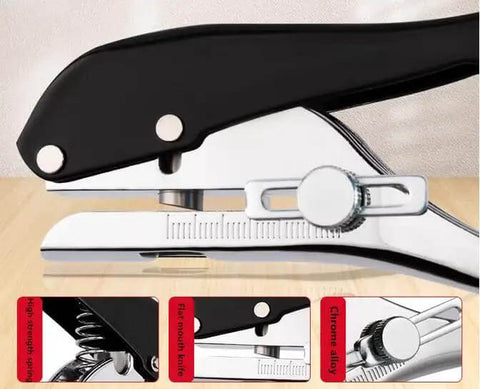 Side view of Beast Of A Heavy Duty Single Hole Punch Handheld Paper Punch for Crafts Cards Tags Scrapbooks, black ergonomic handle.