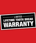 Limited lifetime tooth break warranty sign on a red background
