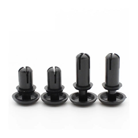 Rock Solid Nylon Expansion Rivets For Circuit Board Assembly in black, four sizes shown for tool-free installation and repair.