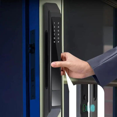 User entering code on Knocks Out Burglary Hassle Smart Door Lock With Touchscreen Fingerprint Scanner Rfid Card And Numeric Code Entry.