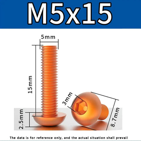 Five Piece M5 Hex Socket Round Head Screws Set 0.8mm Pitch Aluminum Alloy Anodized Colorful Brown and Orange Bike Accessory M5x15mm Easy Fit for Bicycle Frames and Components