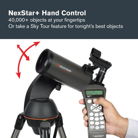 Hand controlling NexStar 90SLT Mak Totally Portable Computerized Telescope With Star Locating and accessory tray.
