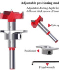 Top Shelf Heavy Duty 5 Piece Cemented Carbide Forstner Drill Bit Set With Adjustable Depth Stopper showing adjustable depth gauge and components.