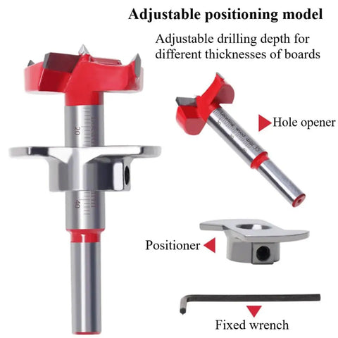 Top Shelf Heavy Duty 5 Piece Cemented Carbide Forstner Drill Bit Set With Adjustable Depth Stopper showing adjustable depth gauge and components.