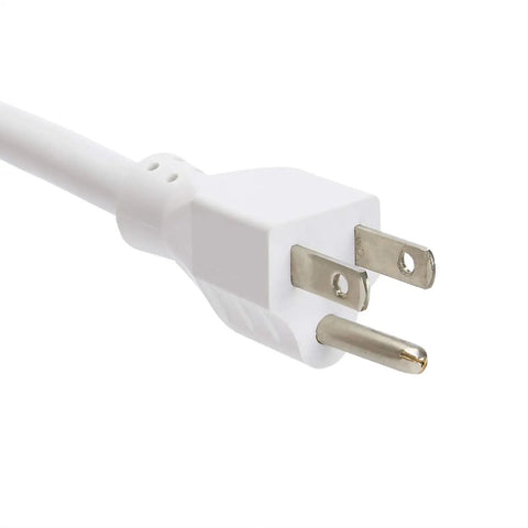 White plug of Must-Have AC And USB Desktop Power Hub With Surge Protection, 6-foot heavy-duty cord, 90-degree swivel design.