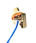 Close-up of input jack in Prewired Electric Guitar Wiring Harness Kit With Dual 500K Volume Pots, Dual 500K Tone Pots, Three Way Toggle