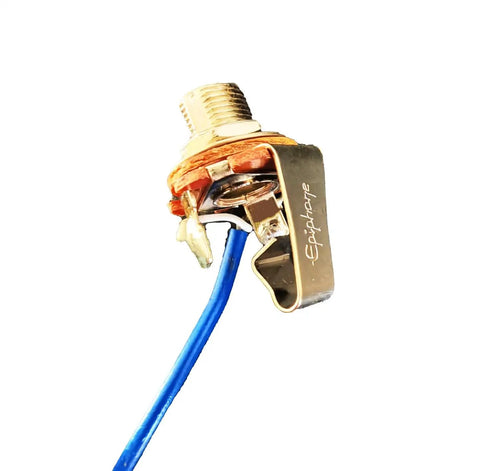 Close-up of input jack in Prewired Electric Guitar Wiring Harness Kit With Dual 500K Volume Pots, Dual 500K Tone Pots, Three Way Toggle