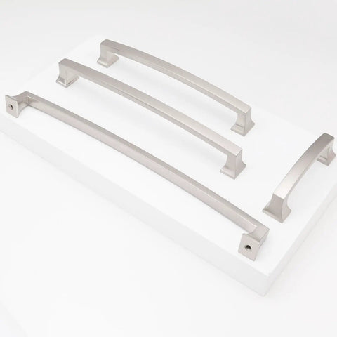 Two Pack 3.75 Inch Brushed Satin Nickel Cabinet Handles, 4 Inch Length, on white background