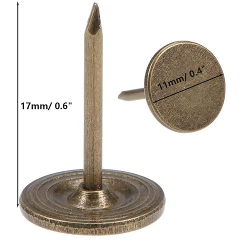 Total No Sweat Bronze Upholstery Thumb Tacks For Couch And Wall Wood Crafting Include Legit 100 Piece Kit dimensions showing pin and base size.