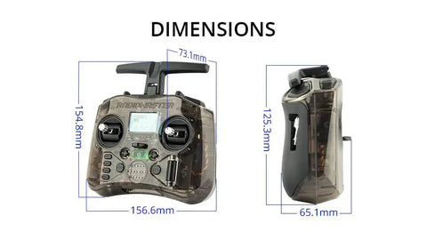 Pocket Remote Controller With Hall Gimbal, EdgeTX Preloaded, shown with dimensions, transparent mode 2 ready, foldable antenna