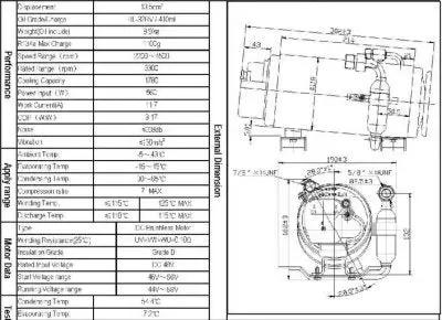 Technical specifications and dimensions diagram for Heavy Duty Dc 48V Horizontal Air Conditioner Compressor R134a Cooler.