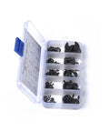 160 Piece E Clip Assortment Kit With External Retaining Rings In Ten Sizes From 2 To 12 MM Black Metal Snap Clips In Case For Handy DIY Repairs Maintenance And Assembly Projects. Open case with black E-clips sorted by size.