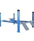 Rock Solid 4 Post Car Lift With Heavy Steel Wire Rope Auto Jack Lifter, blue heavy-duty four post design with ramps.