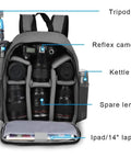 Lightweight Mirrorless Camera Backpack With Adjustable Dividers For Outdoor Photography Gear, open showing camera gear and dividers.