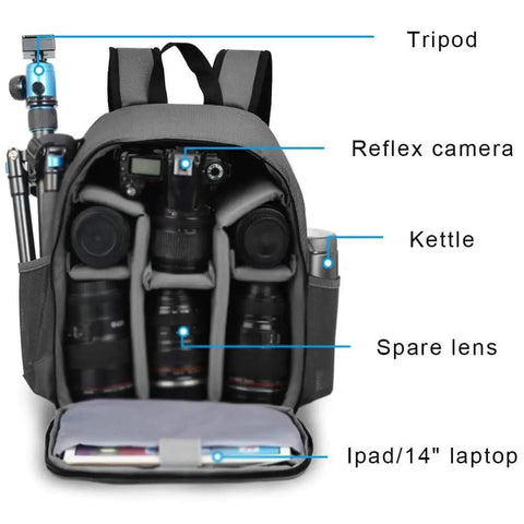 Lightweight Mirrorless Camera Backpack With Adjustable Dividers For Outdoor Photography Gear, open showing camera gear and dividers.