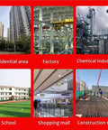 Collage of environments including residential area, factory, chemical industry, school, shopping mall, and construction site.