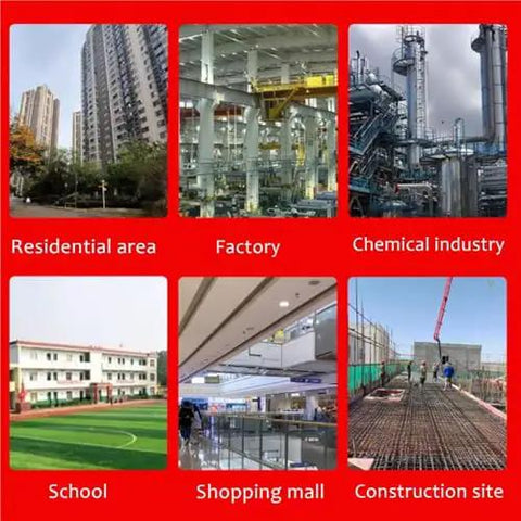 Collage of environments including residential area, factory, chemical industry, school, shopping mall, and construction site.