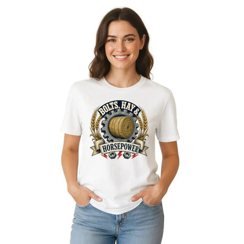 Men's Vintage Hay Horsepower T-Shirt Featuring Soft 100% Cotton Fabric With Distressed Farm Garage Badge Graphic.