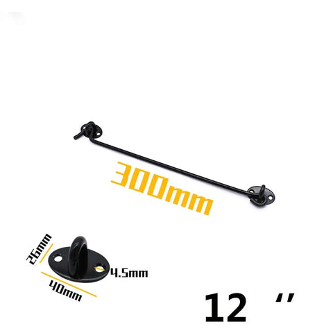 Hook and Eye Latch for Gate Cabin Cabinet Door Window with Mounting Screws, 300mm black steel latch for doors and windows.