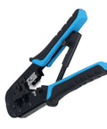Ratcheting Crimping Tool For 8P And 6P Heads With Protective Device, Durable Blue Black Alloy Steel Build, Ergonomic Handle, Front View