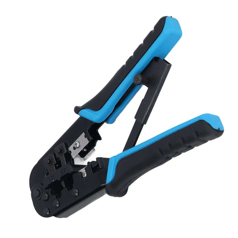 Ratcheting Crimping Tool For 8P And 6P Heads With Protective Device, Durable Blue Black Alloy Steel Build, Ergonomic Handle, Front View