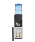Triple Temperature Water Dispenser With Hot Cold Warm Water Output For Coffee Tea And More Five Gallon Floor Standing Electric Cooler And Heater With Child Lock For Home Office Cafes Black, showing 5-gallon top bottle and open cup storage compartment